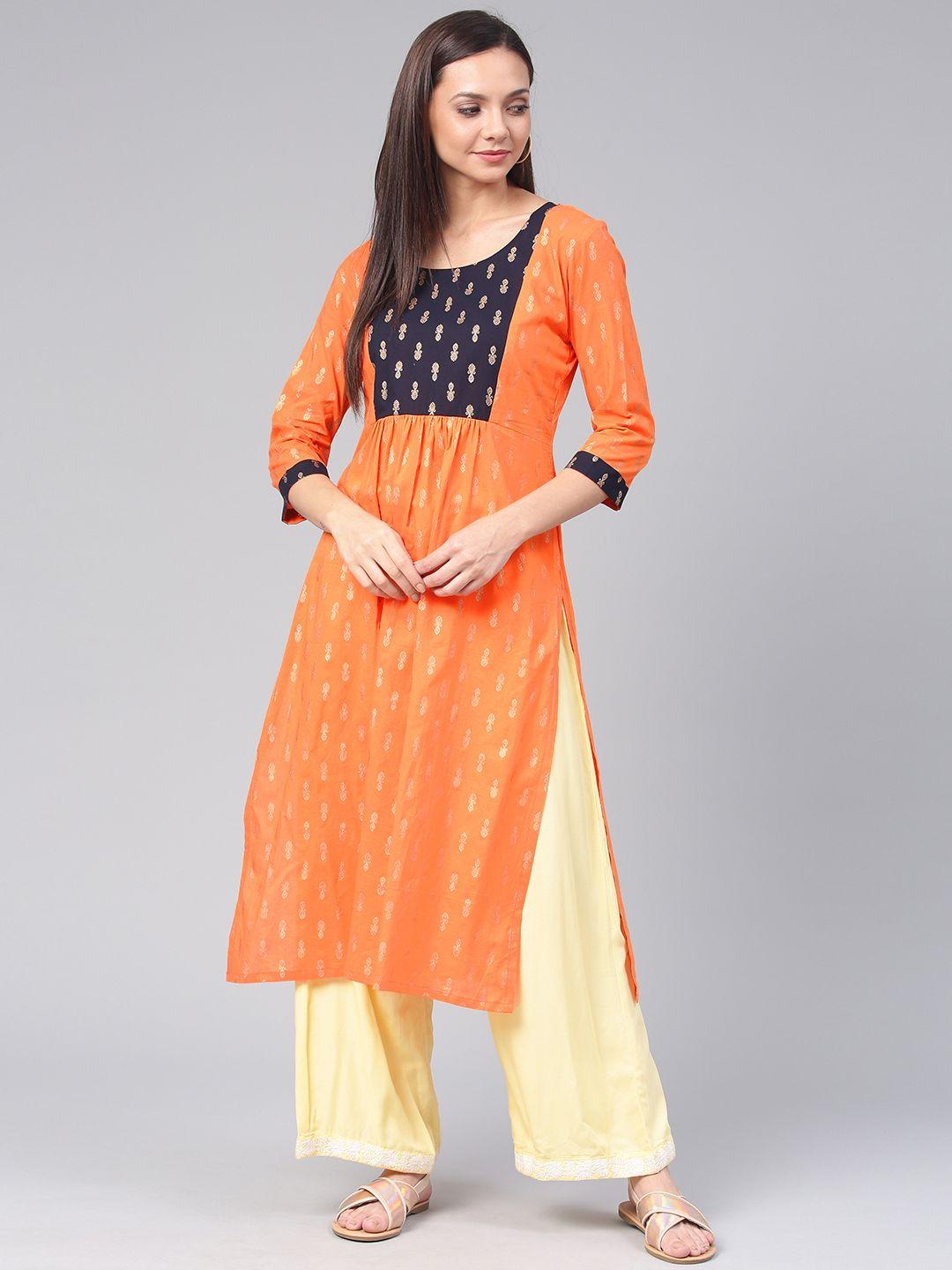 swishchick women orange & gold-toned printed straight kurta