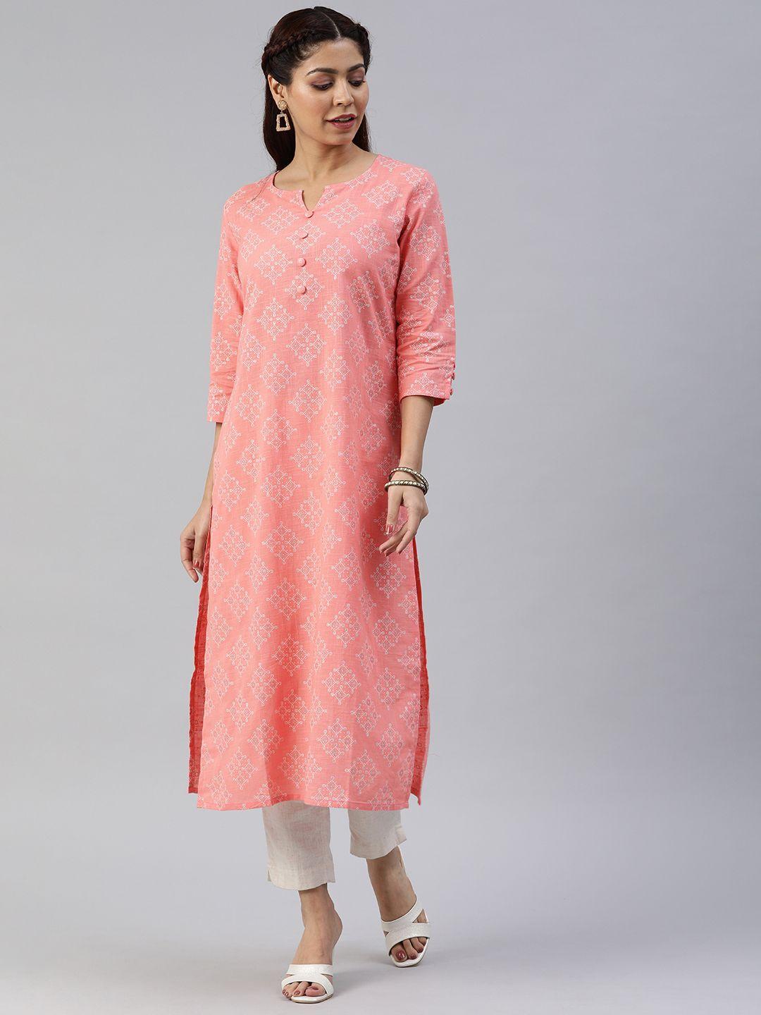 swishchick women peach-coloured printed straight kurta