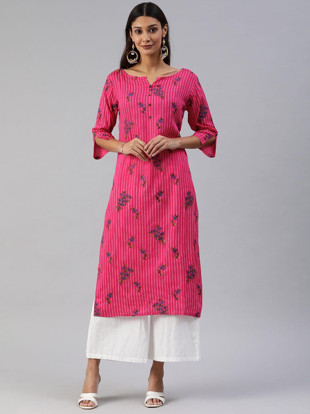 swishchick women pink & blue floral printed straight kurta