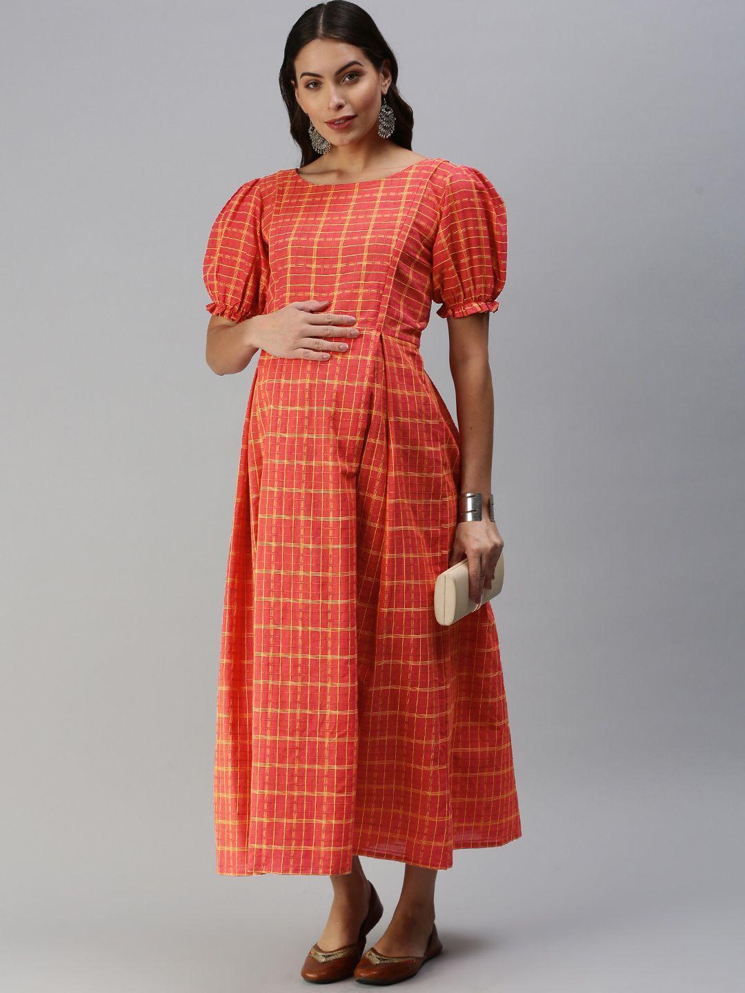 swishchick women rust orange & mustard yellow checked handloom maternity a-line midi dress