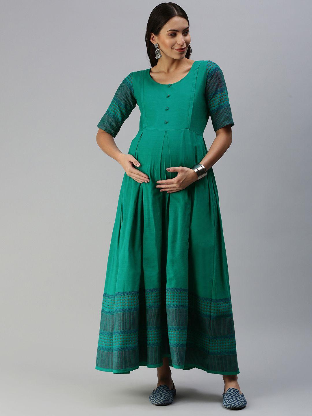 swishchick women sea green & navy blue geometric woven handloom maternity maxi dress