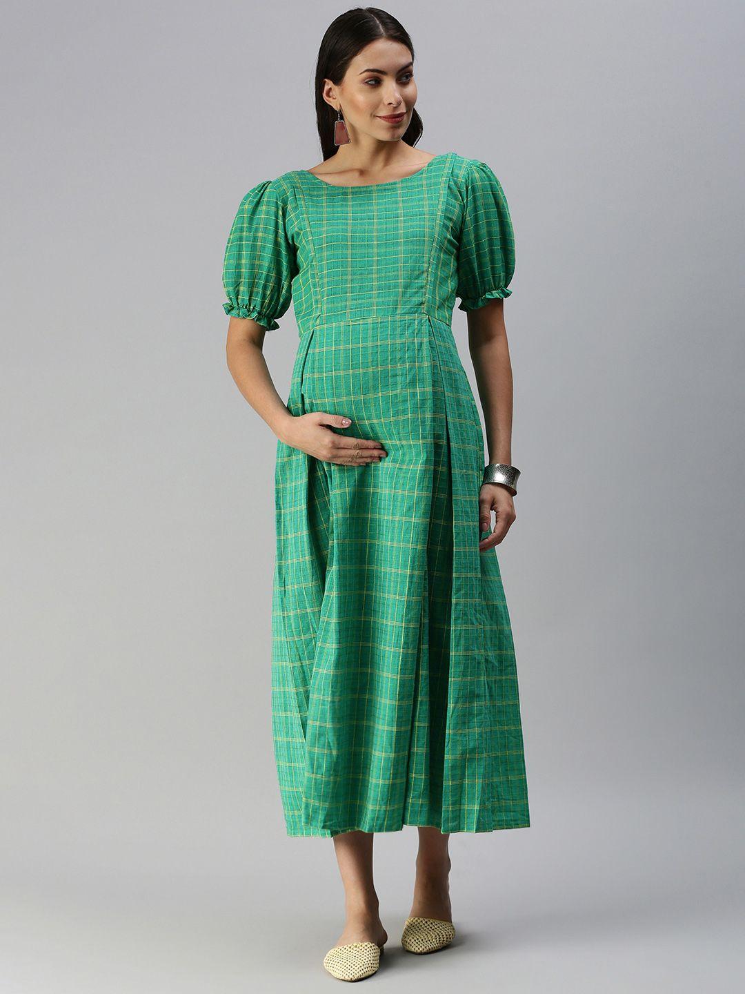 swishchick women teal green & yellow checked woven handloom maternity a-line midi dress