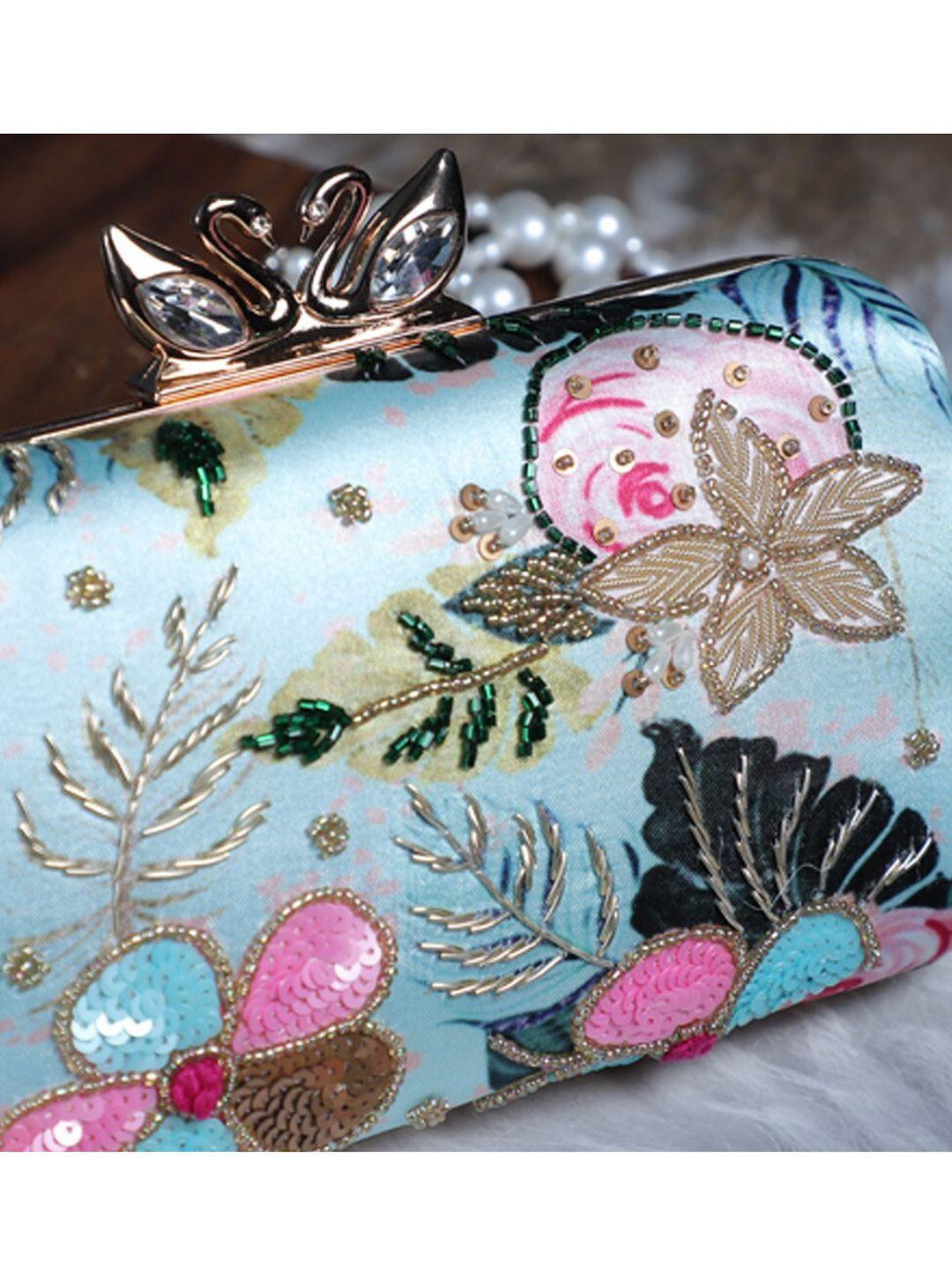 swisni women blue & pink embroidered purse clutch