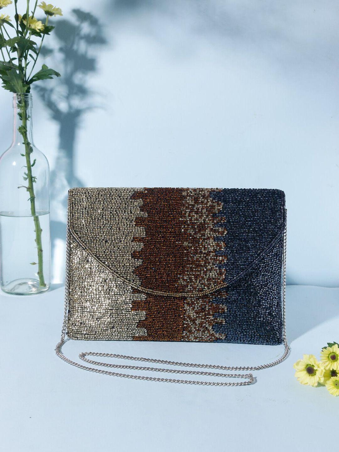 swisni brown & grey embellished purse clutch