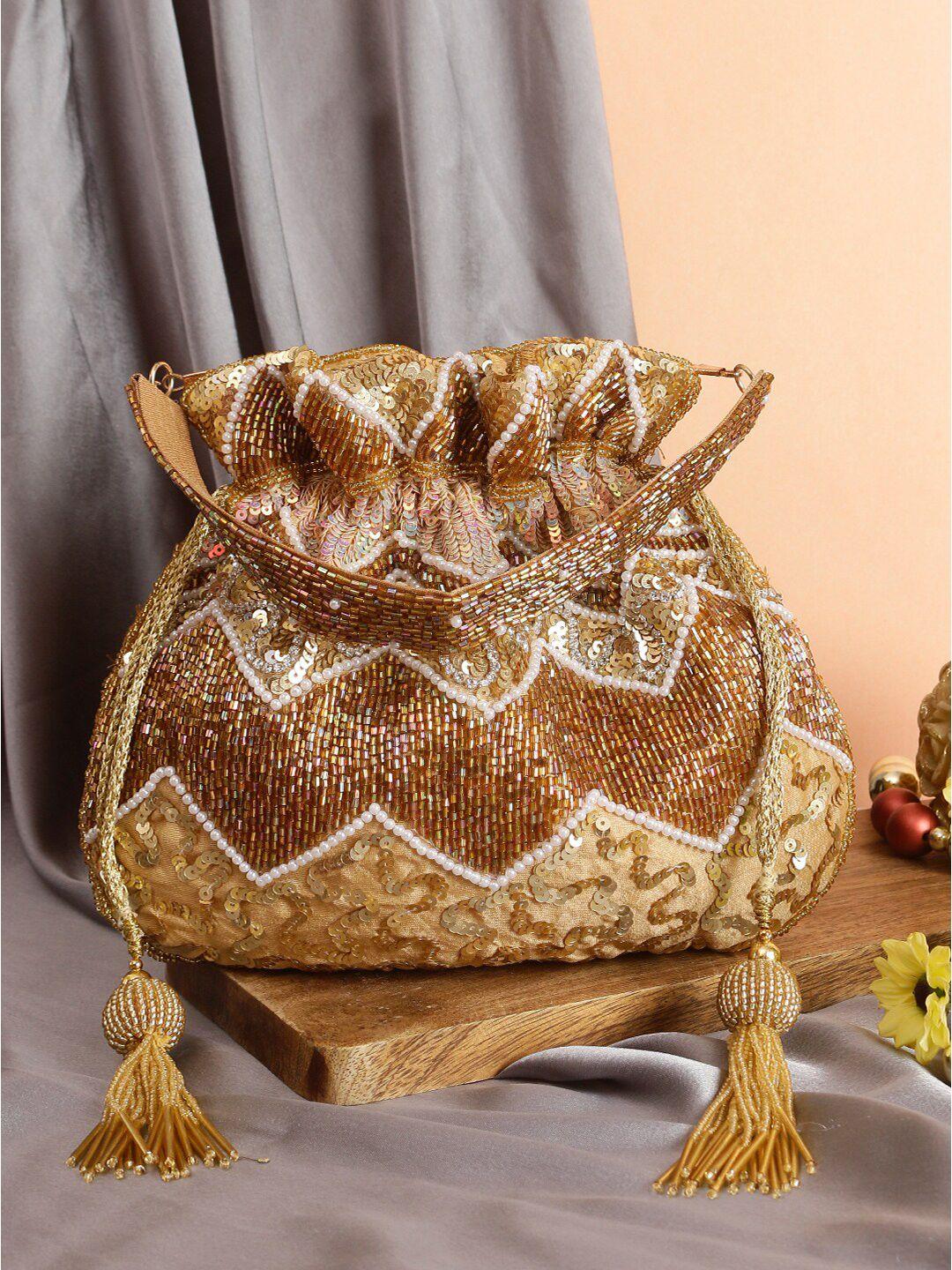 swisni gold-toned & white embroidered potli clutch
