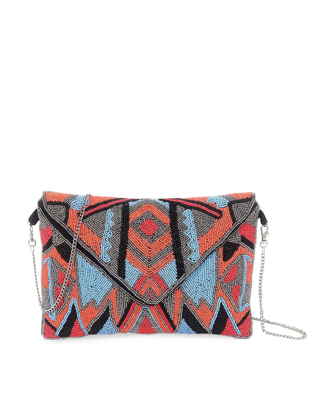 swisni red & blue embellished foldover clutch