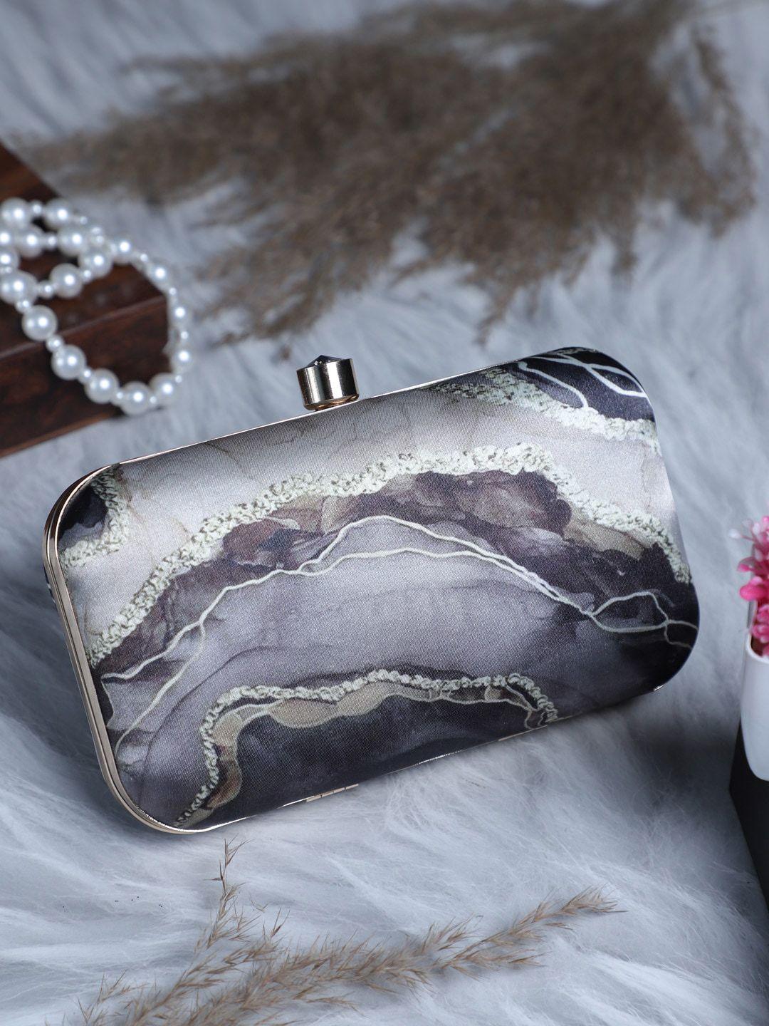 swisni silver-toned & grey colourblocked embellished purse clutch