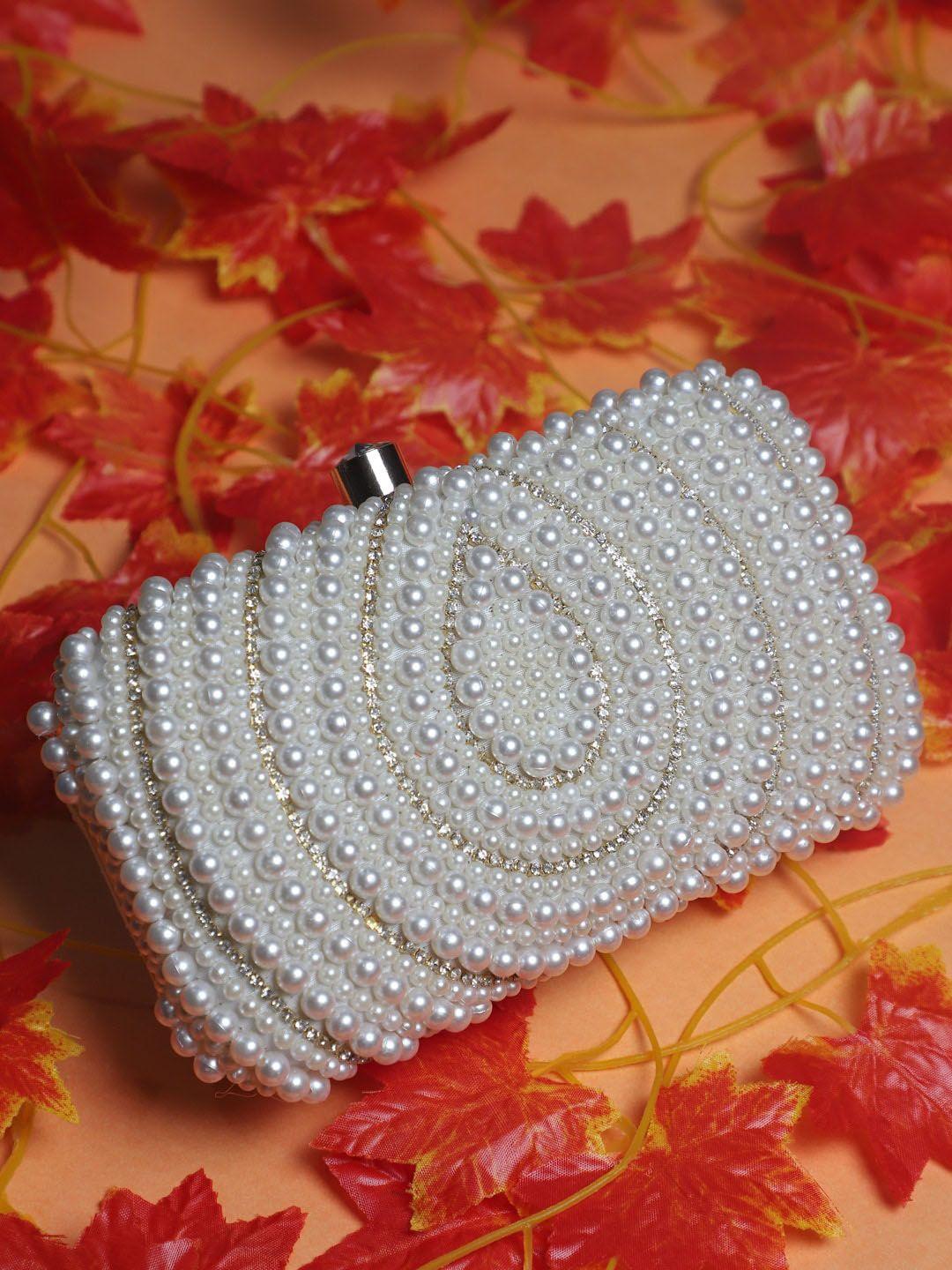 swisni white & silver-toned embellished purse clutch