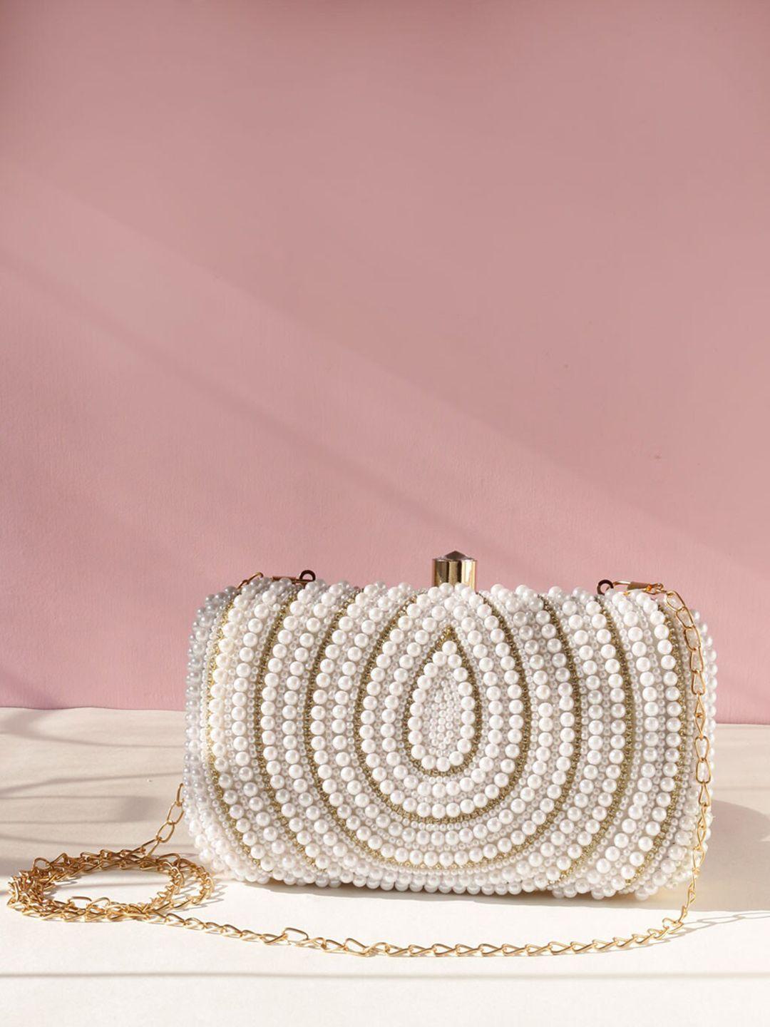 swisni women white and gold embroidered and pearl embellished box clutch