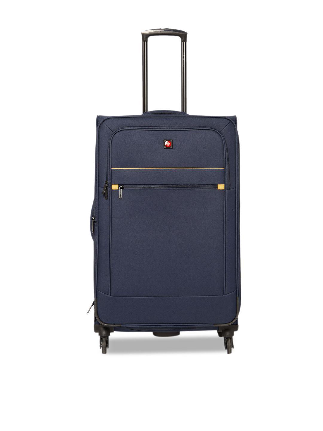 swiss brand navy blue solid barcelona 360-degree rotation soft-sided large trolley suitcase