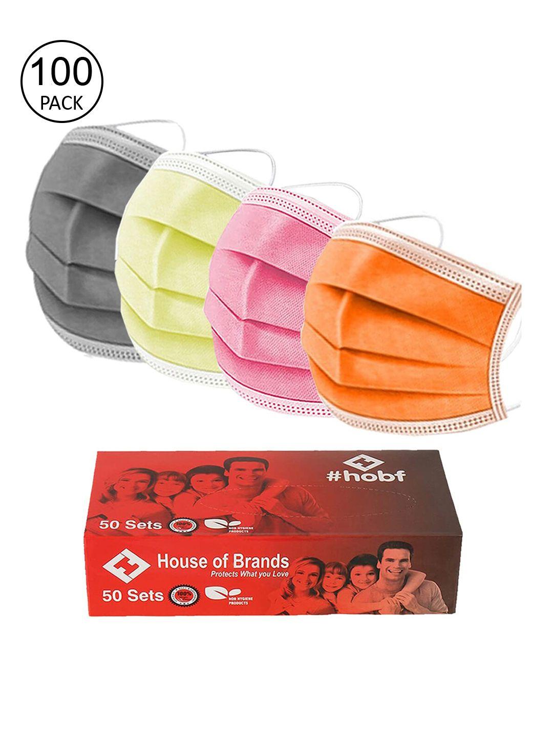 swiss design pack of 100 adults 3ply mask with nose-pin- orange, grey, pink, yellow