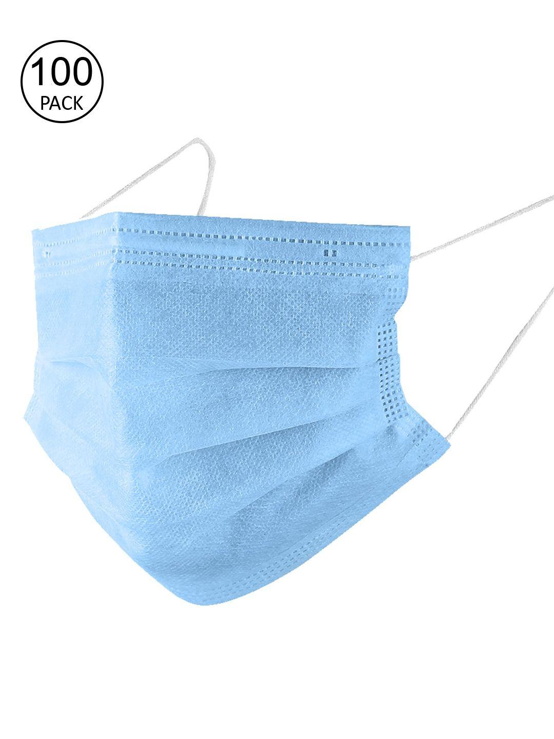 swiss design unisex pack of 100 blue solid 3-ply disposable surgical face masks with nose-pin