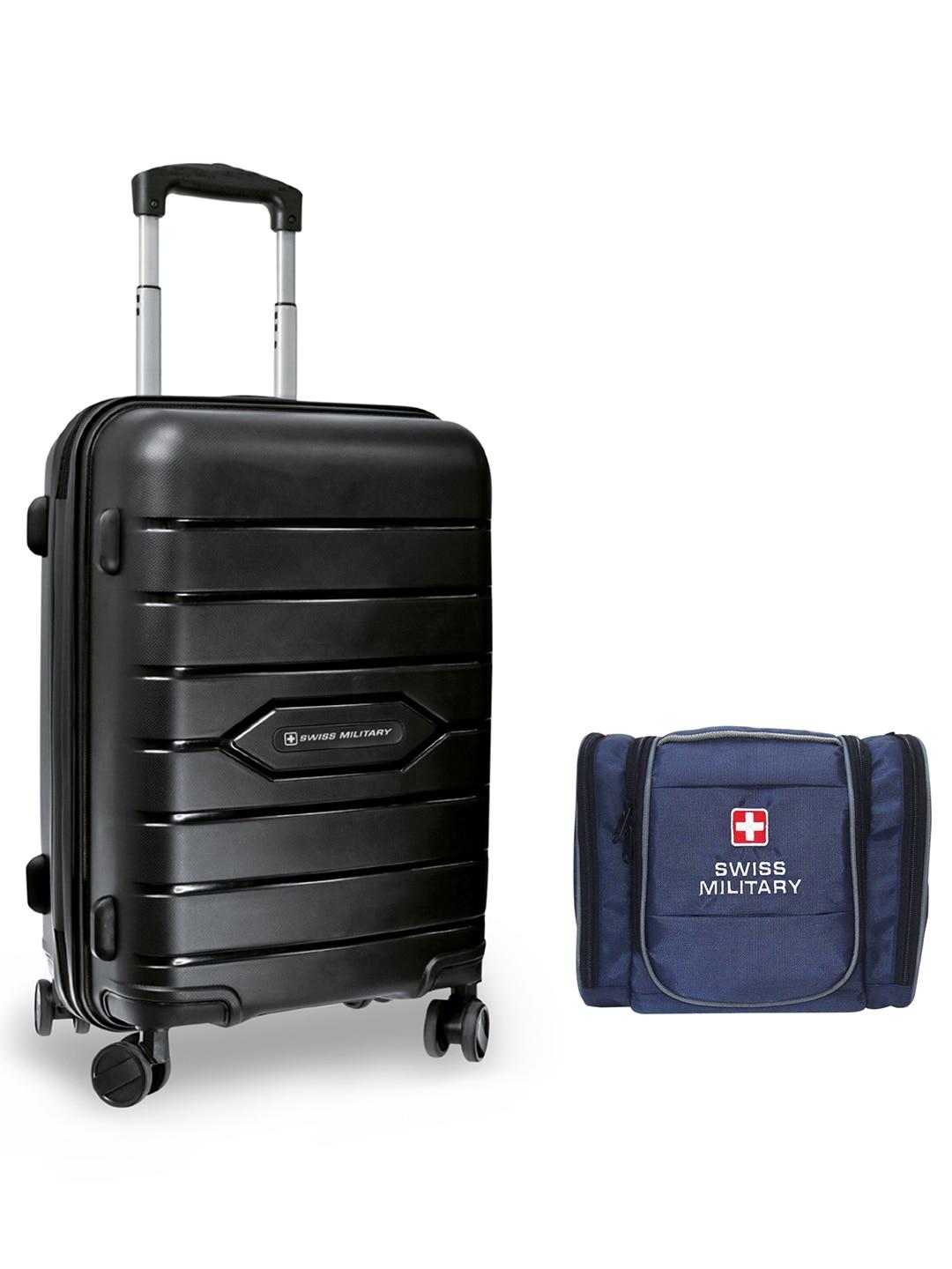 swiss military black textured cabin size luggage and toiletry bag combo