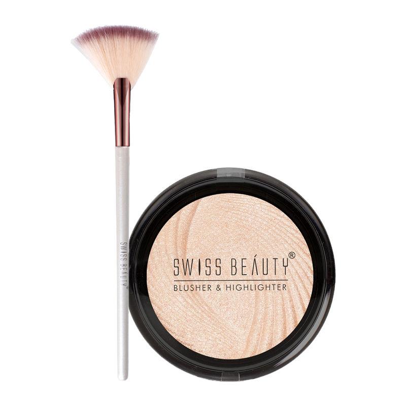 swiss beauty blusher & highlighter and fan brush - combo