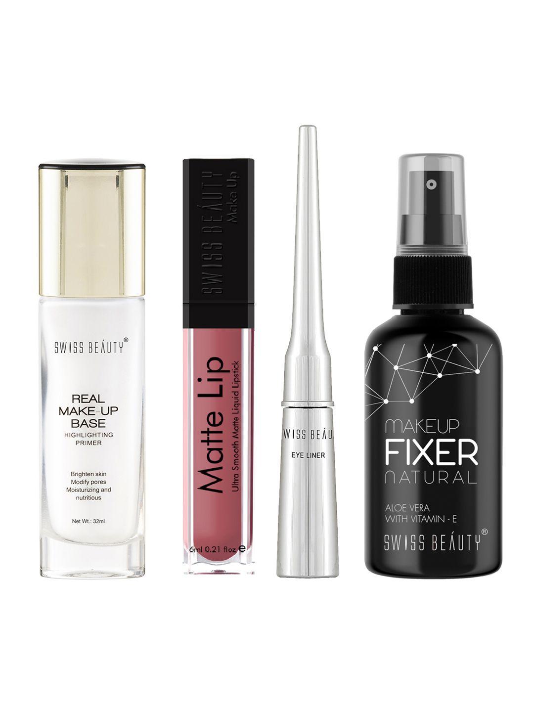 swiss beauty real make-up base primer + lipstick + bold eyes eyeliner + makeup fixer spray