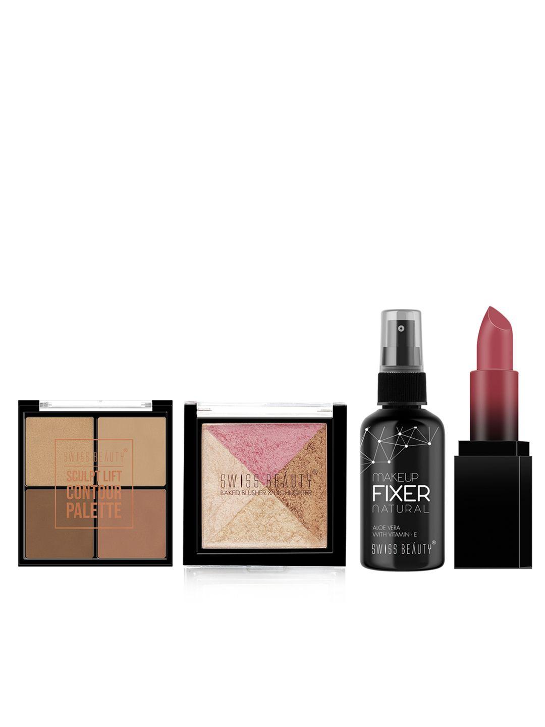 swiss beauty set of makeup fixer + hd matte lipstick + blusher & highlighter + contour