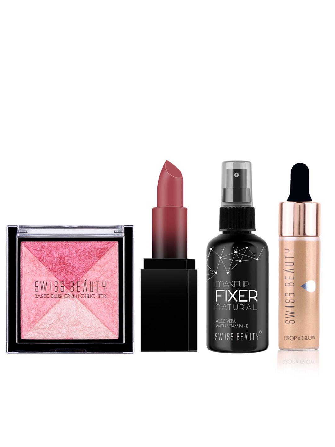 swiss beauty set of makeup fixer + hd matte lipstick + blusher & highlighter + illuminater