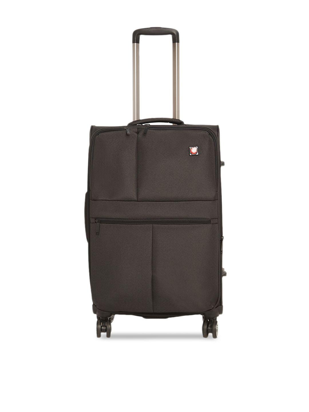 swiss brand unisex black solid vevey 360-degree rotation soft-sided medium trolley suitcase