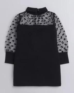 swiss-dot a-line dress with puff sleeves