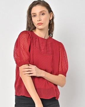 swiss dot embroidered top with lace detailing