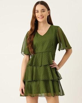 swiss-dot embroidered v-neck skater dress