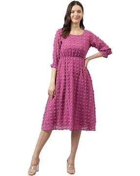 swiss-dot fit & flare dress with puffed sleeves