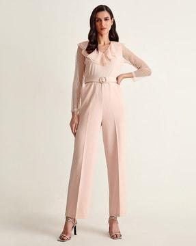 swiss-dot jumpsuit with waist tie-up