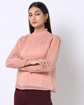 swiss-dot shirred high-neck top