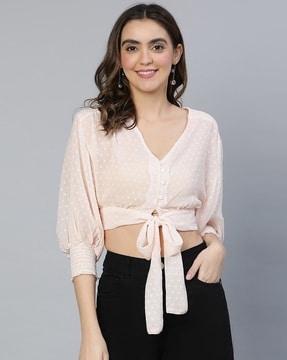 swiss-dot v-neck crop top with tie-knot