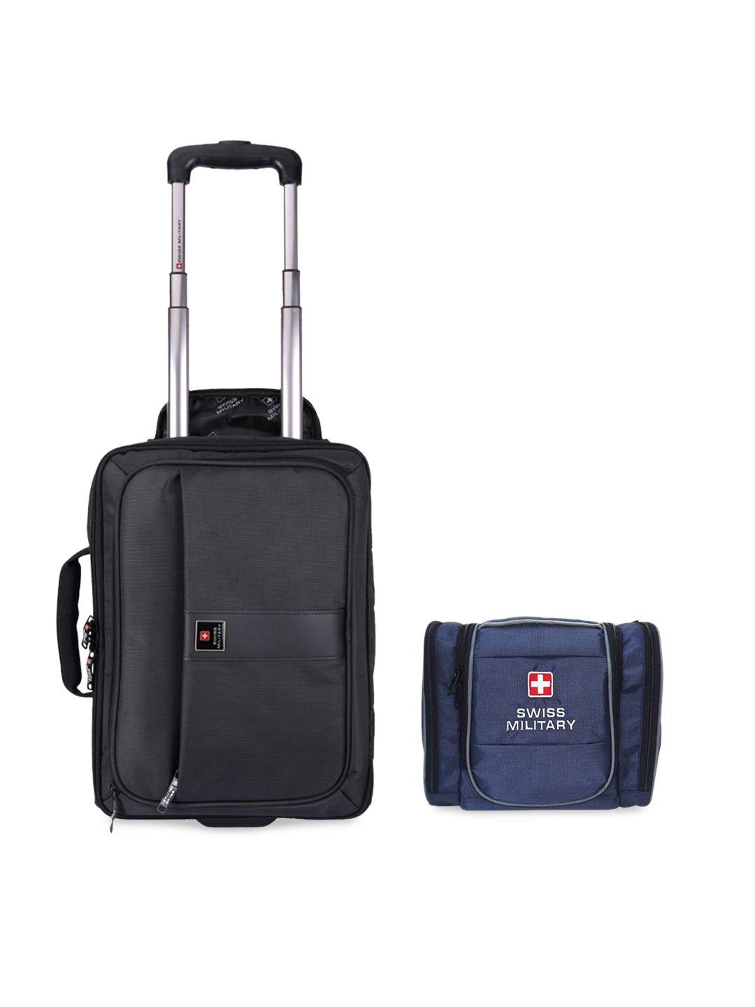 swiss military black & blue solid trolley bag with toiletry bag