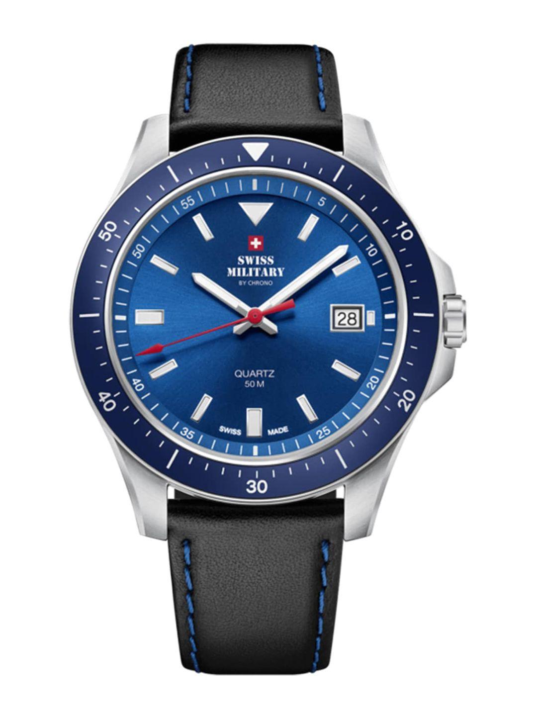 swiss military by chrono unisex blue dial & black leather straps analogue watch sm34082.05