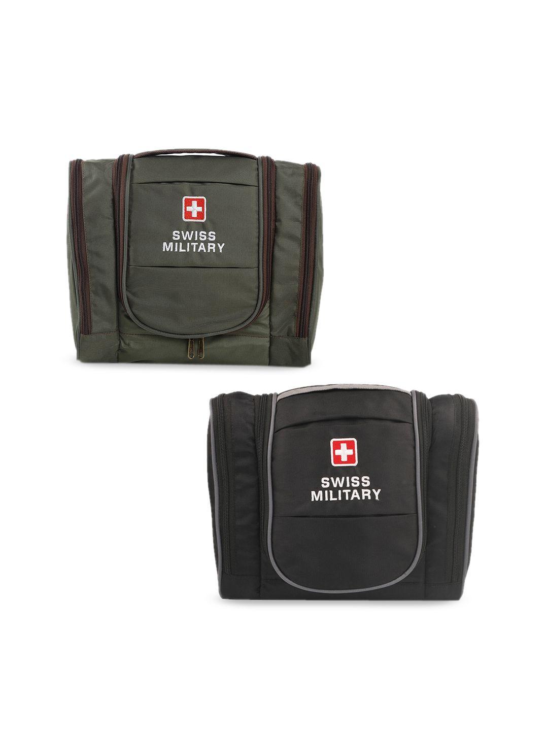 swiss military set of 2 green & black solid toiletry bags