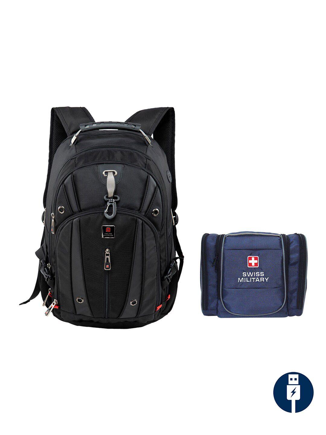 swiss military unisex black & blue brand logo backpack with blue toiletry bag