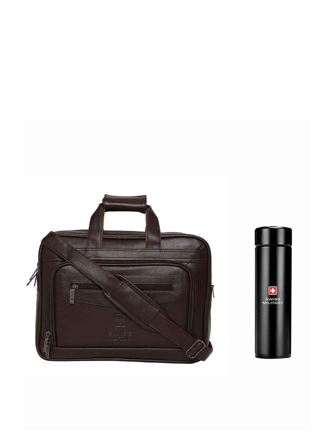 swiss military unisex brown & black pu laptop bag & digital vacuum flask