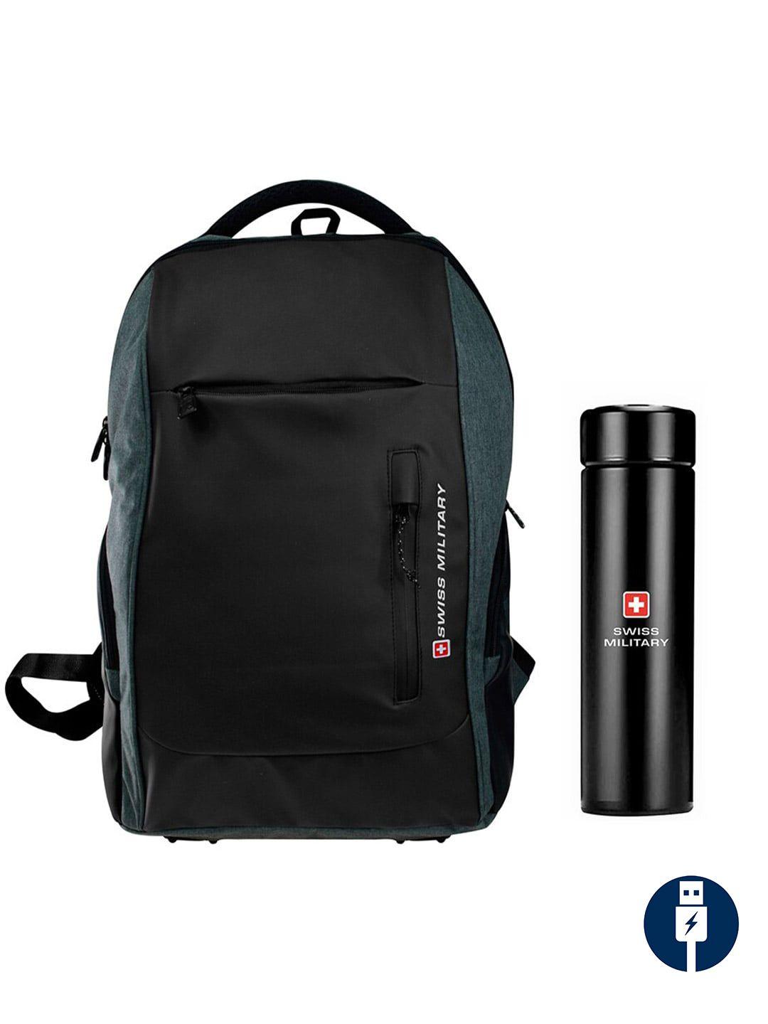 swiss military unisex grey & black usb charging port backpack with digital vacuum flask