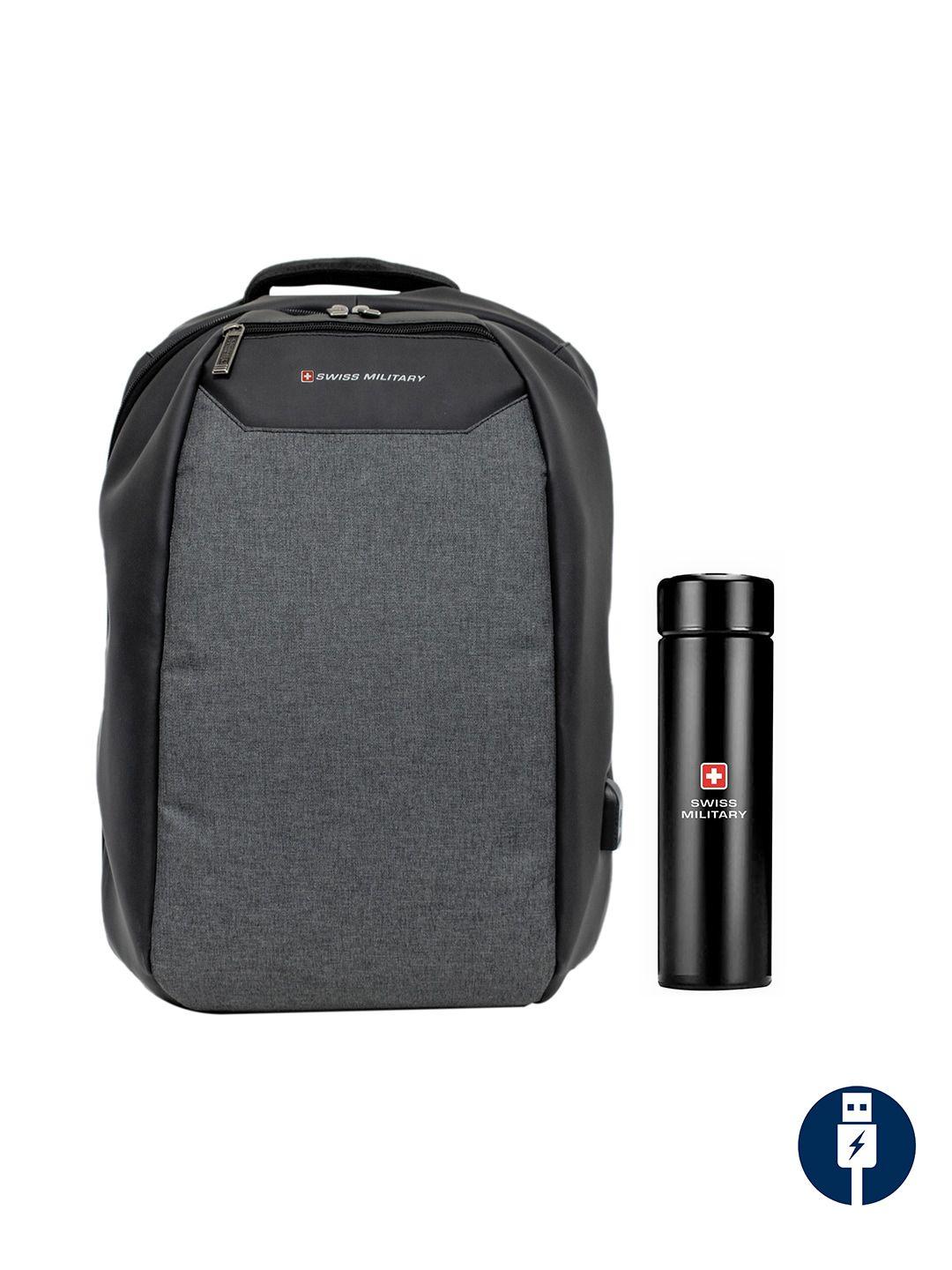 swiss military unisex set of 2 grey & black brand logo backpack with digital vacuum flask