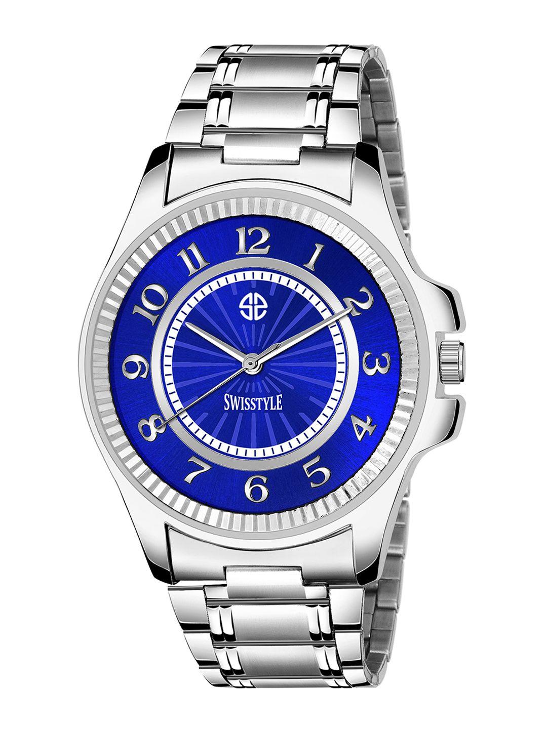 swisstyle men blue brass dial & silver toned stainless steel bracelet style straps analogue watch