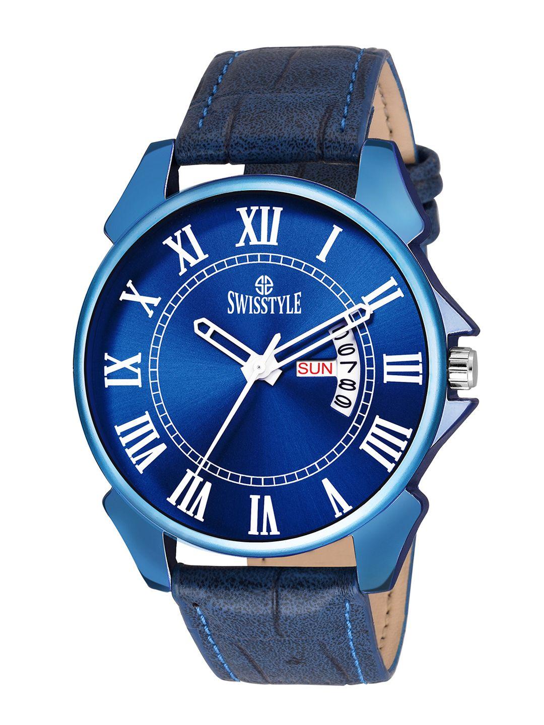 swisstyle men blue brass embellished dial & blue straps analogue watch