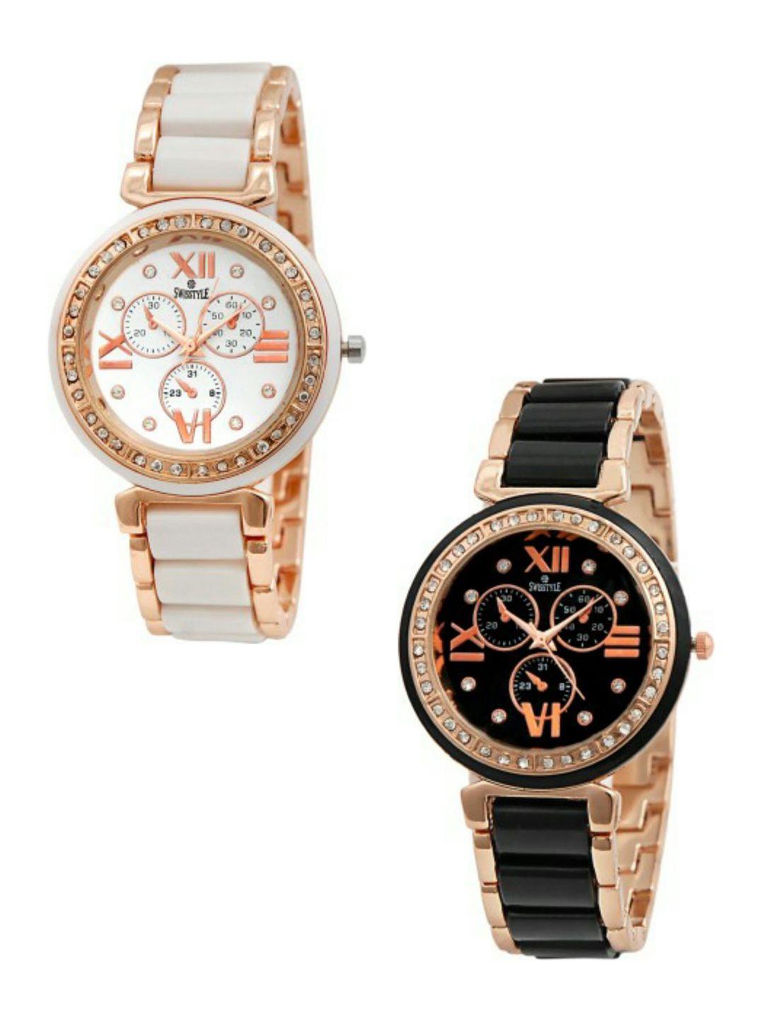 swisstyle women 2 white brass embellished dial & white bracelet style analogue watch