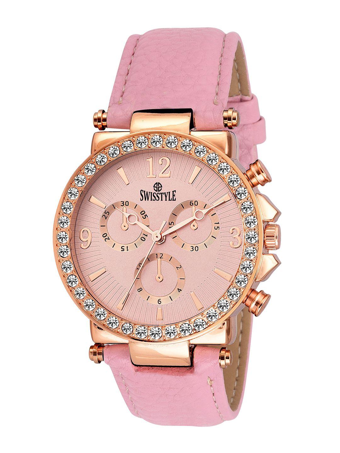 swisstyle women pink brass embellished dial & pink leather straps analogue chronograph watch