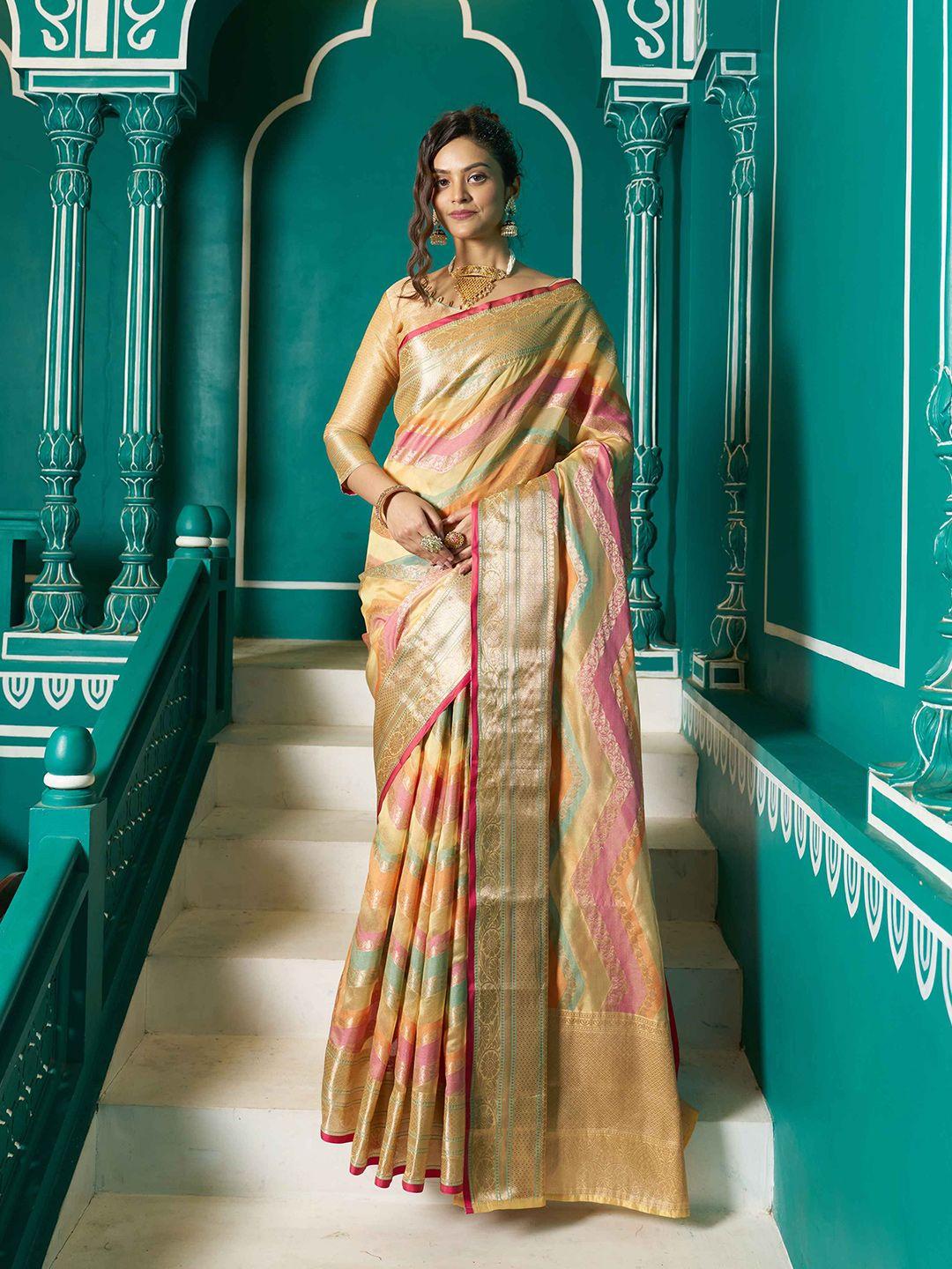 swornof geometric woven design zari organza saree