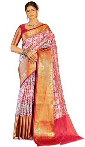 swornof women's banarasi patola silk blend saree with blouse piece (white-01)