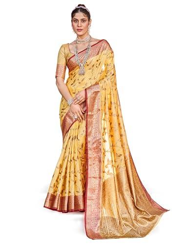 swornof women's cotton saree with unstitched blouse piece (promish leaves_light yellow)