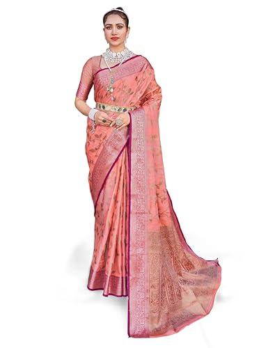 swornof women's cotton saree with unstitched blouse piece (promish leaves_peach)