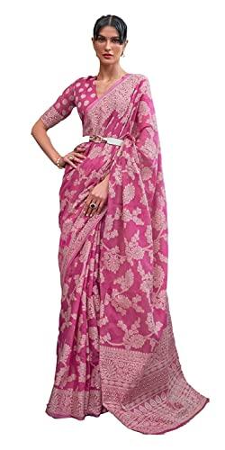 swornof women's lucknowi chikankari linen cotton woven sarees for women with blouse sarees for women, pink
