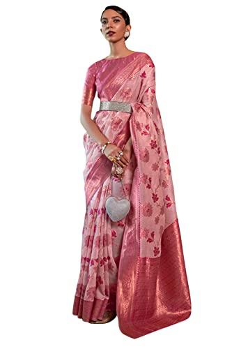 swornof womens organza woven designer saree with unstitched blouse with boluse piece (pink)