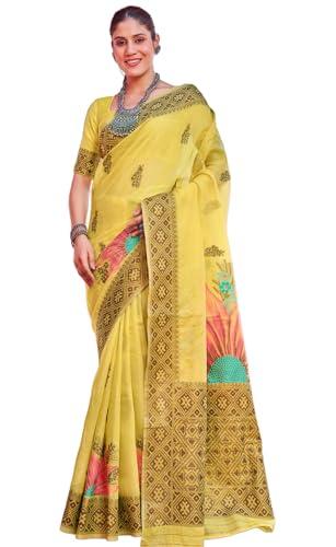 swornof womens organza woven designer saree with unstitched blouse with boluse piece (yellow)