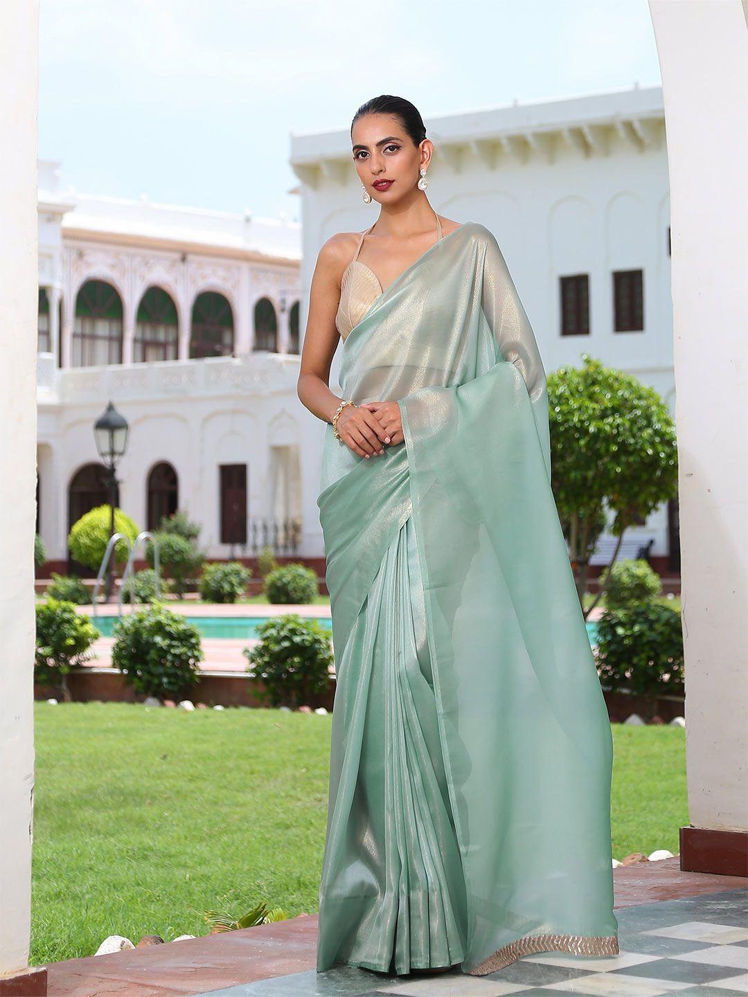 swtantra sea green & gold-toned sequinned poly chiffon saree