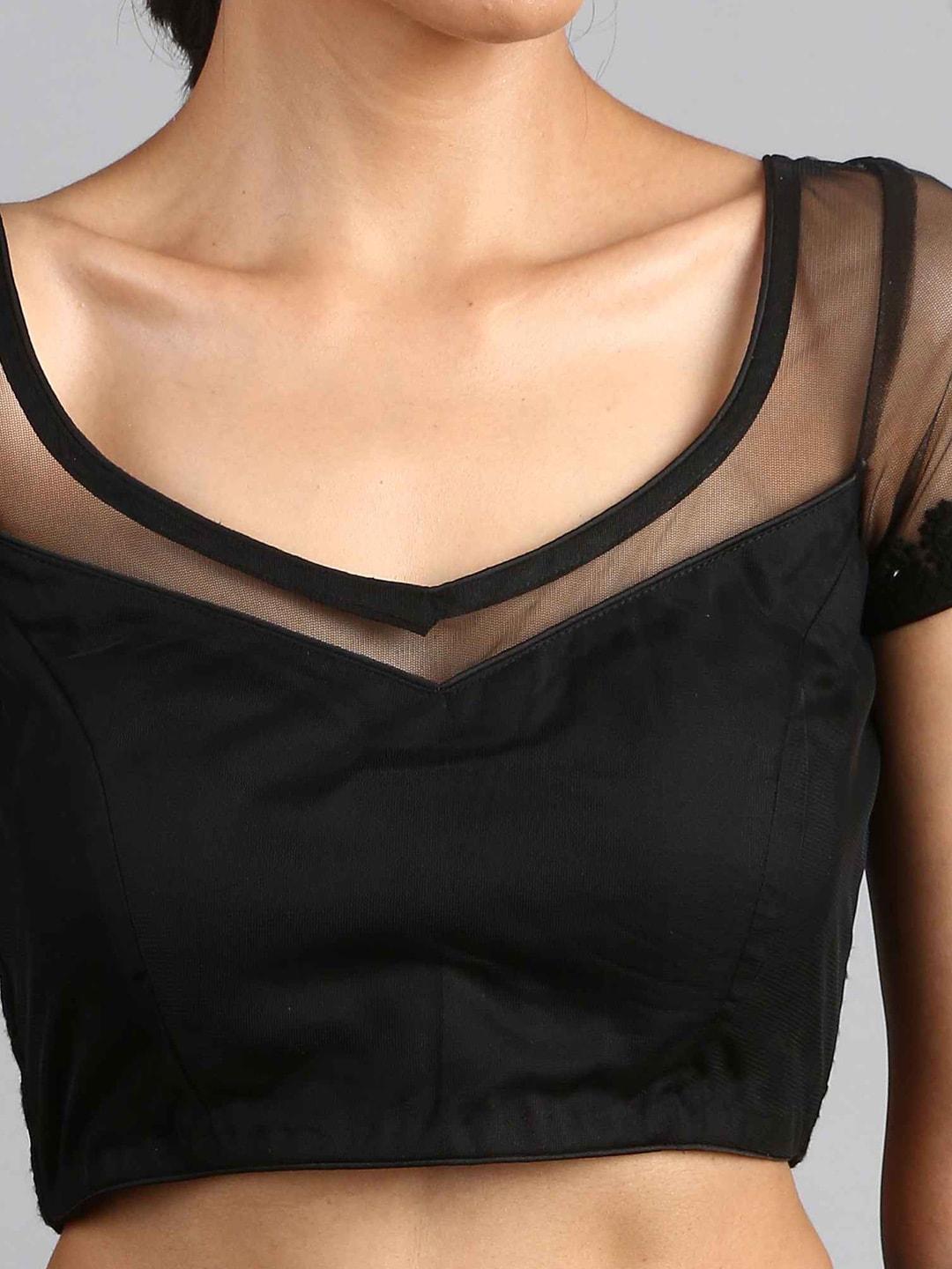 swtantra women black embroidered net saree blouse