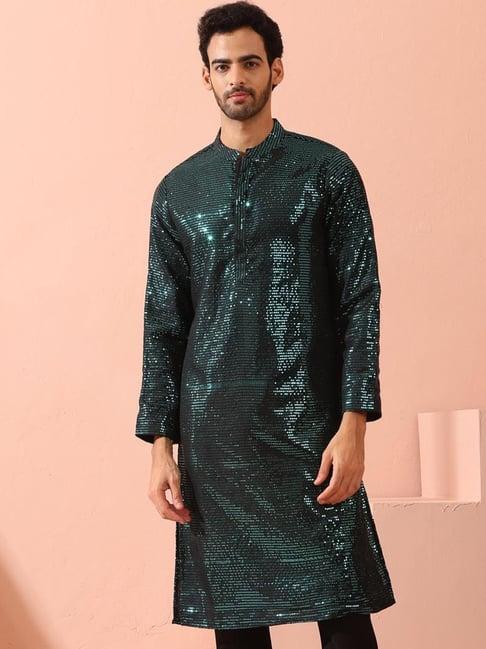 swtantra aqua green regular fit embellished kurta